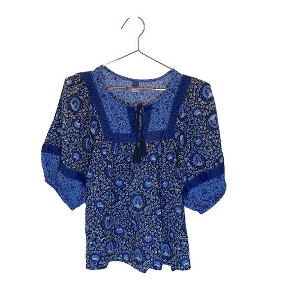 Old Navy Blue Floral Tassel Boho Balloon Sleeve Top - Small - Picture 1 of 7
